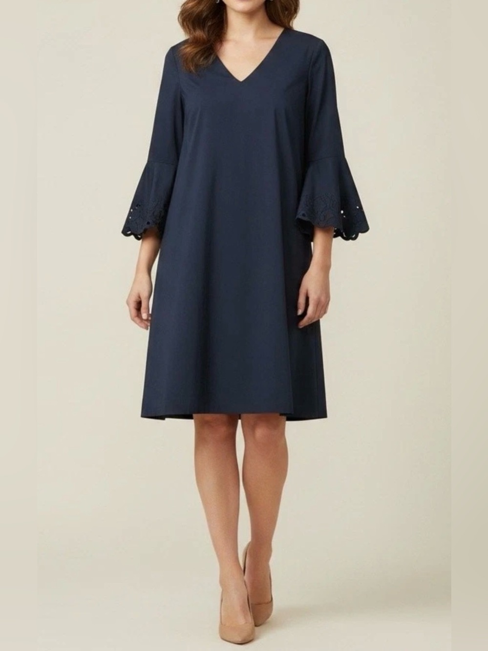 Lafayette 148 New York Holly Eyelet Bell Sleeve Dress Navy Size S Contemporary